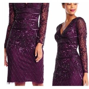 Adrianna Papell Burgundy Beaded Midi Dress Long Sleeve Lace, Sequin Formal Sz 6